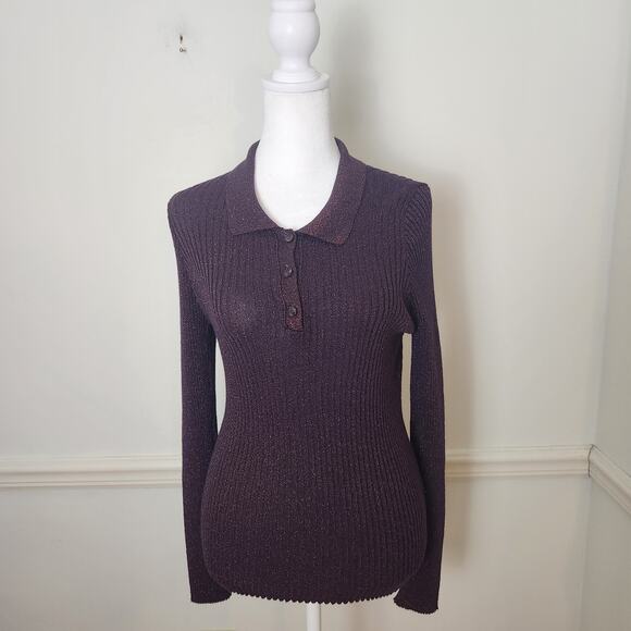 MNG Mango Sweater Sz US Large Womens Purple Sparkle Ribbed Henley Fitted Fairy - Picture 1 of 11